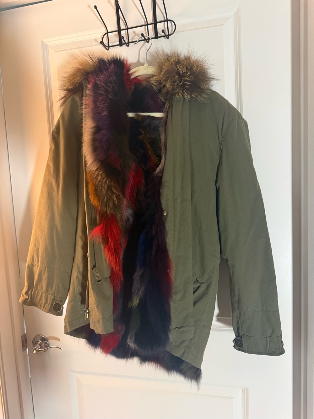 Barneys New York Olive Green Puffer Jacket with Fur